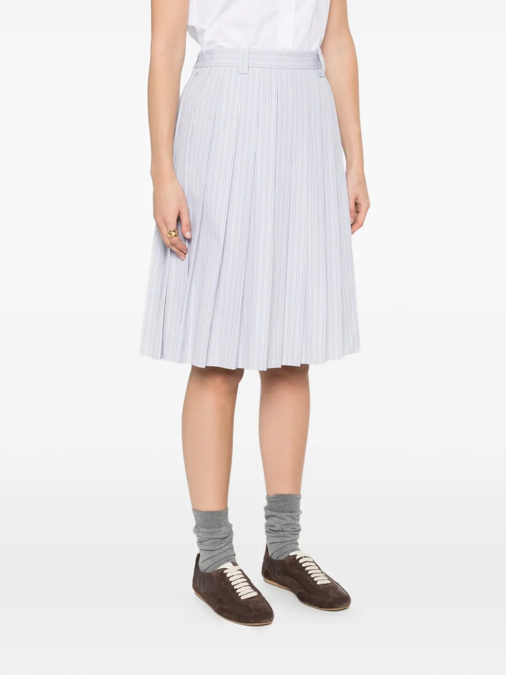  Miu Miu Pleated Striped Midi Skirt - Grey 