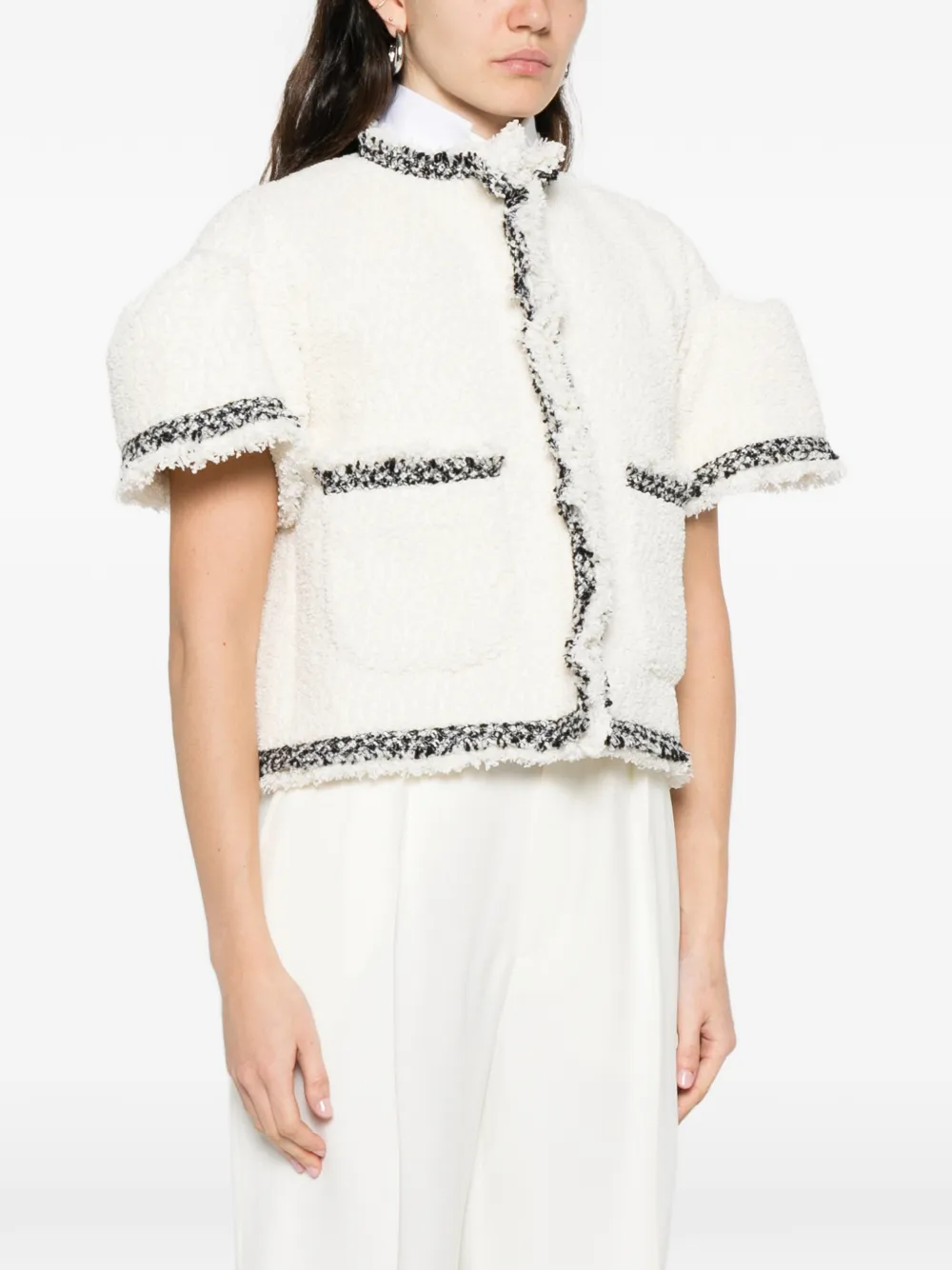  Sacai Fringed Tweed Jacket - Neutrals 