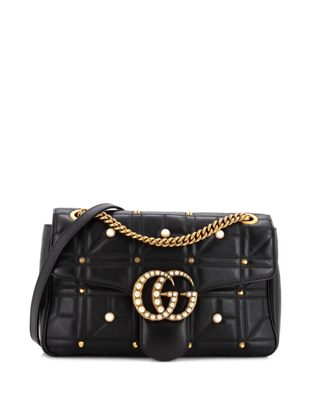 Gucci Pre-Owned Borsa a spalla Pearly GG Marmont media in pelle matelassé con decorazione - Nero