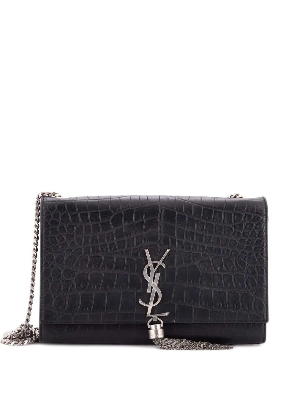 Saint Laurent Pre-Owned Borsa a tracolla media Classic Monogram in pelle goffrata effetto coccodrillo con nappa - Nero