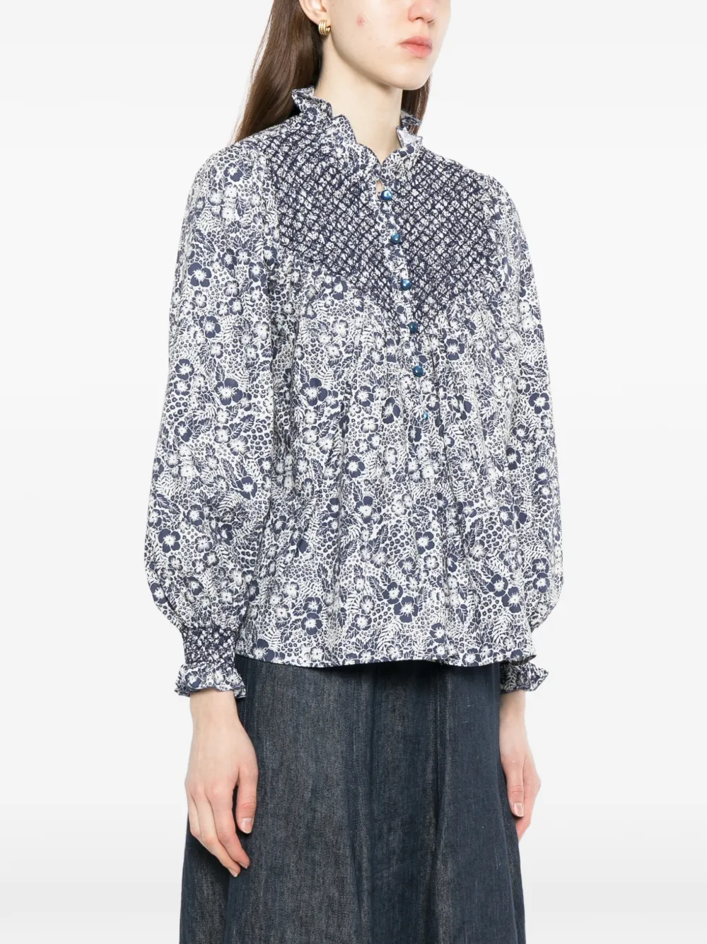  Loretta Caponi Smocked Floral Blouse - Blue 