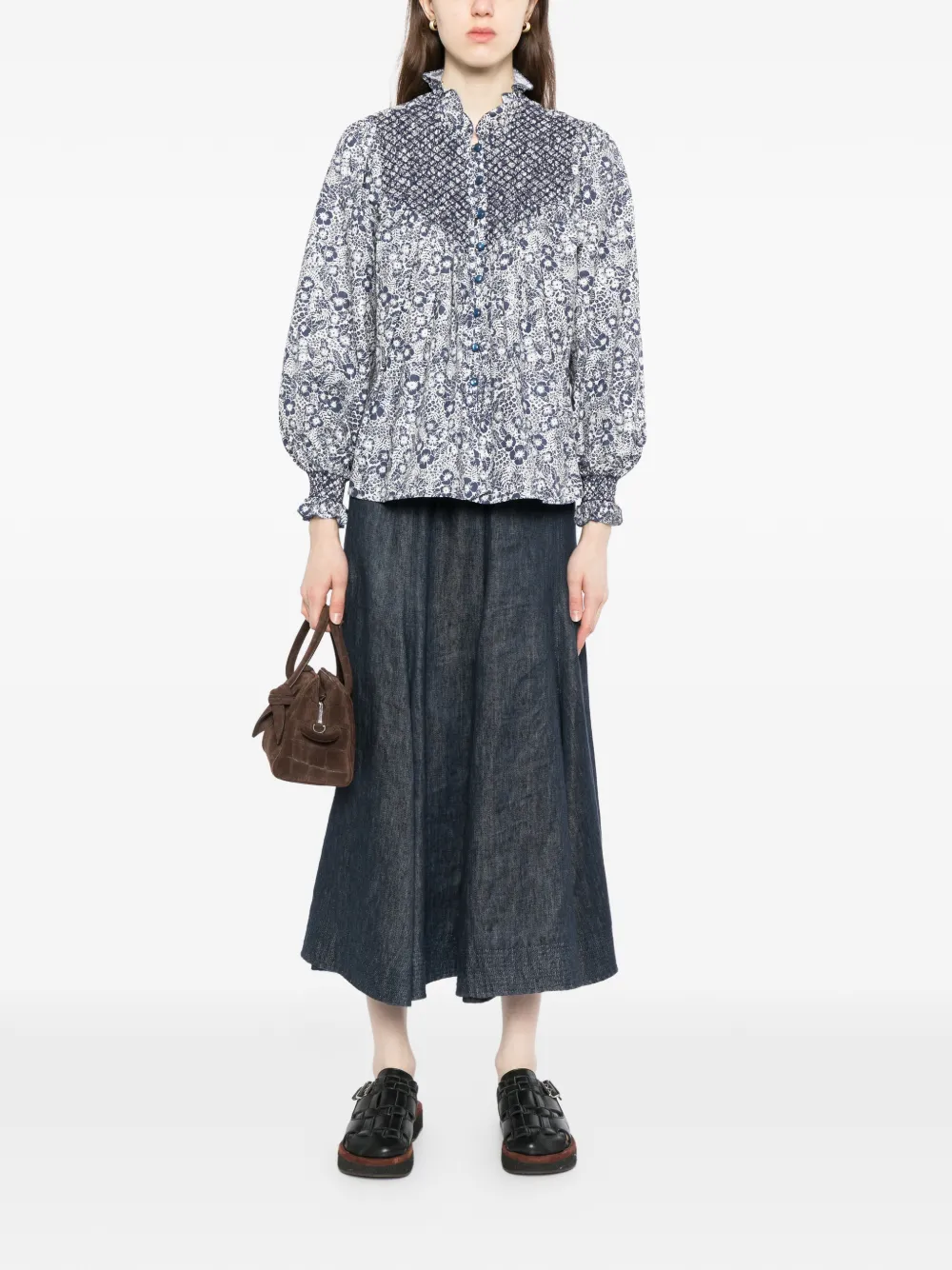  Loretta Caponi Smocked Floral Blouse - Blue 
