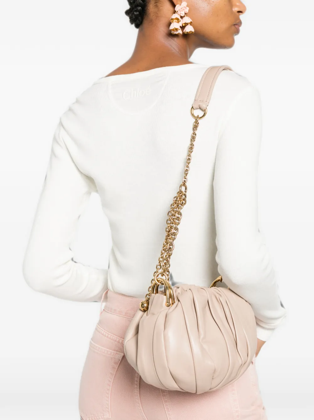 Chloé Plissé schoudertas met ketting van geplooid leer Beige