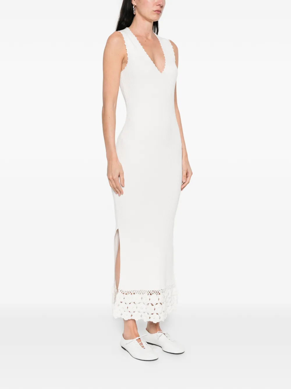GANNI Gehaakte maxi-jurk met V-hals Beige