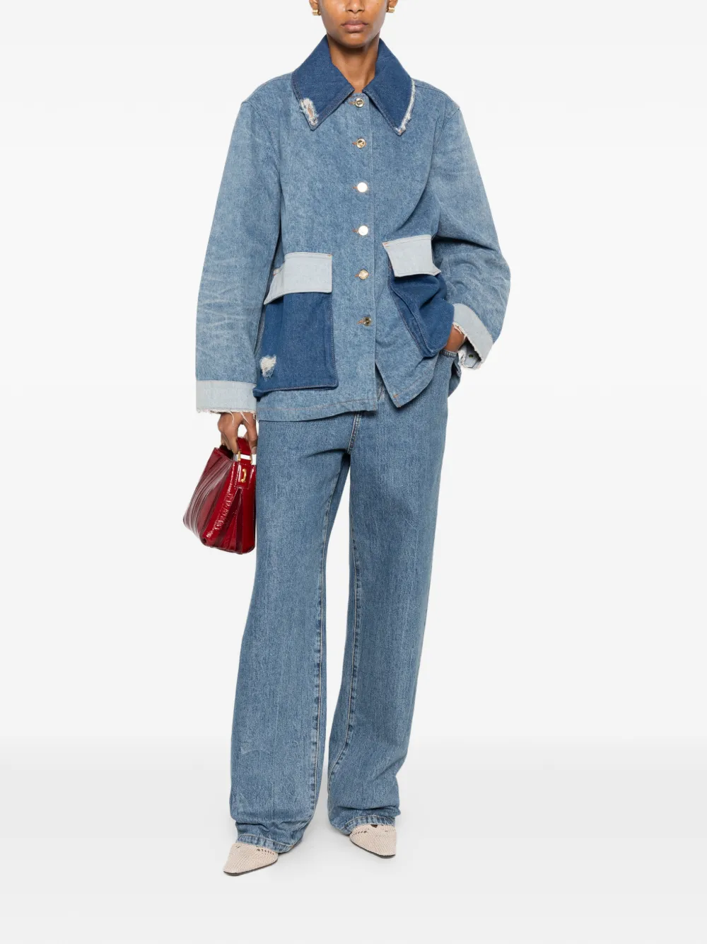 Ganni Buttoned Distressed Jacket In Blue