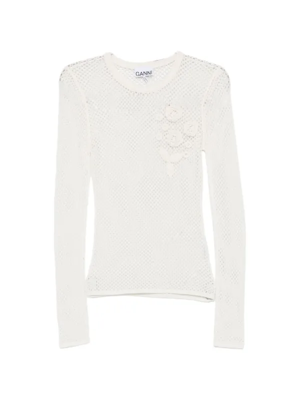 Ganni Mesh Pointelle Long-sleeve T-shirt in White
