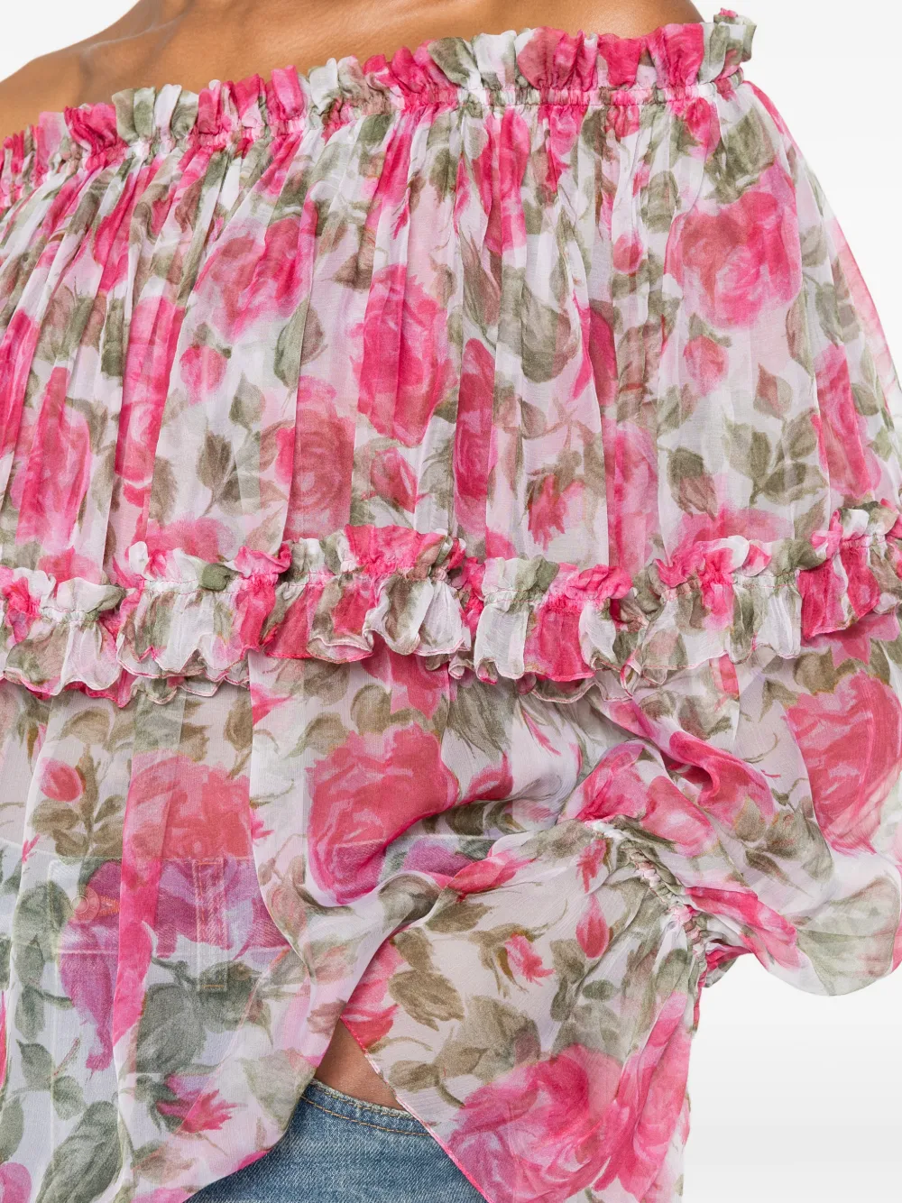 Chloé Off-shoulder top met pofmouwen en zijden mousseline Roze