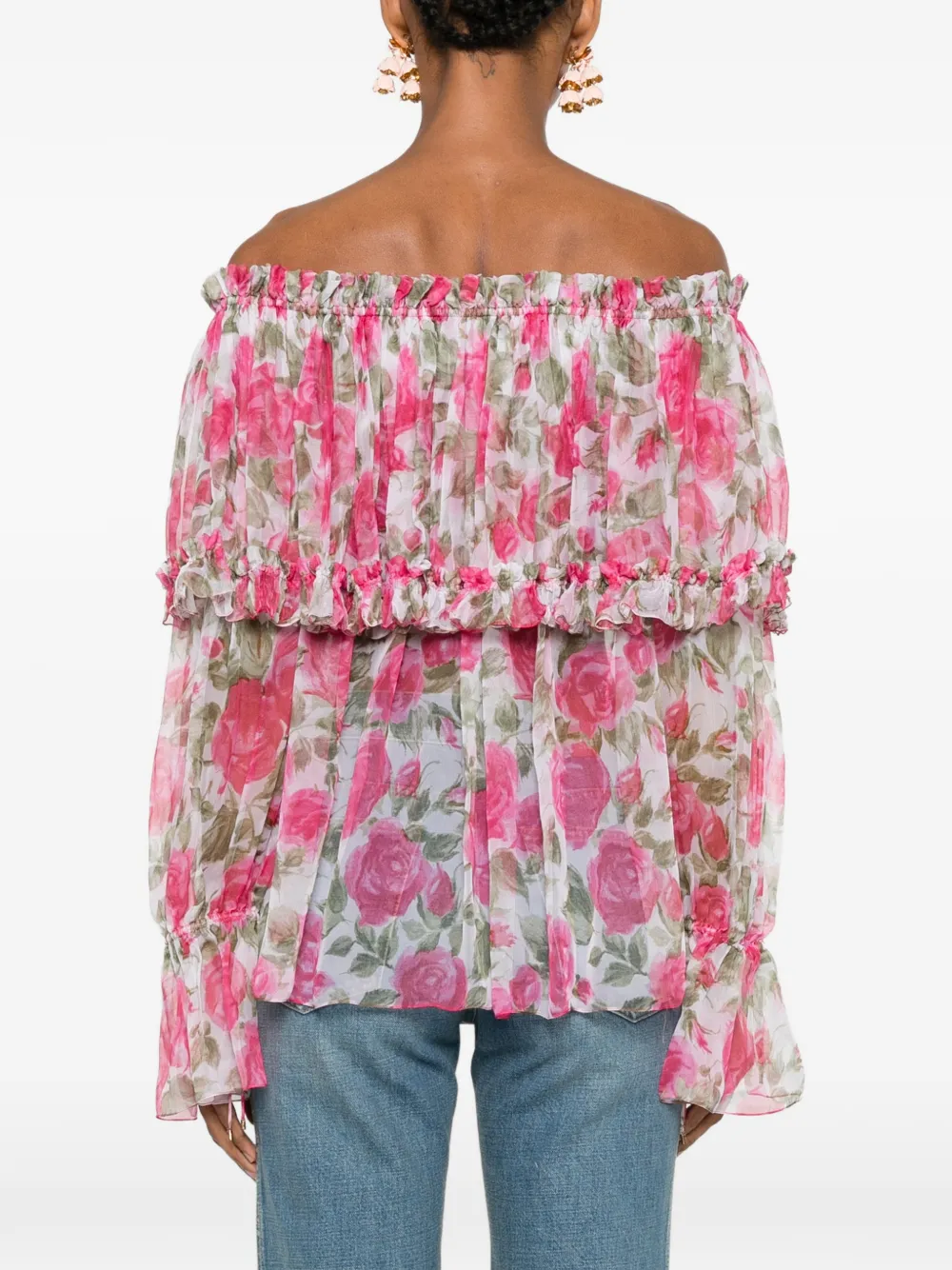 Chloé Off-shoulder top met pofmouwen en zijden mousseline Roze