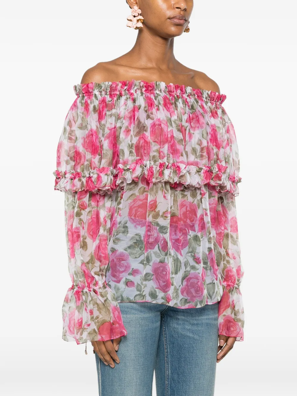 Chloé Off-shoulder top met pofmouwen en zijden mousseline Roze