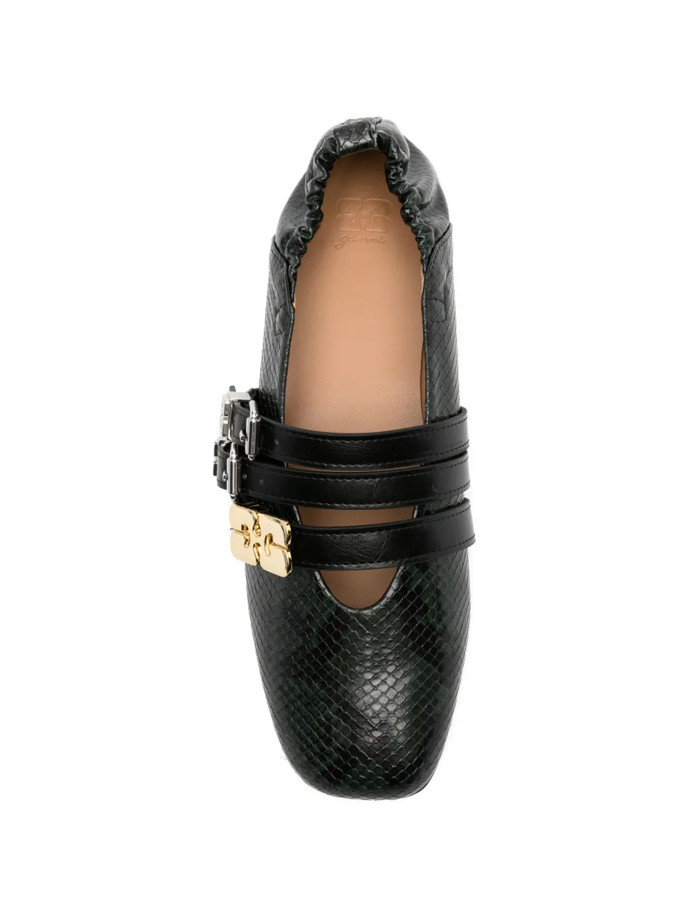 GANNI buckled snake-effect flat pumps Groen