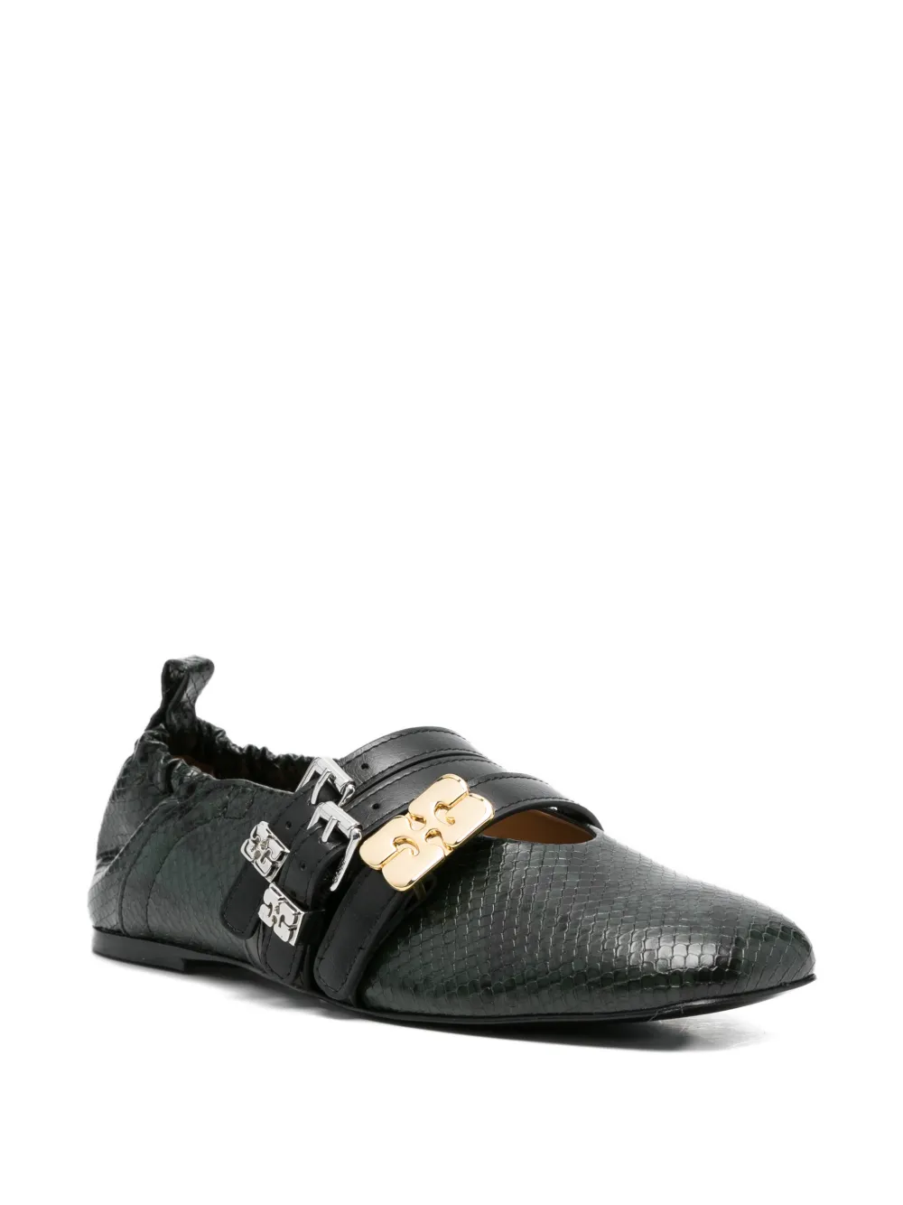 GANNI buckled snake-effect flat pumps Groen