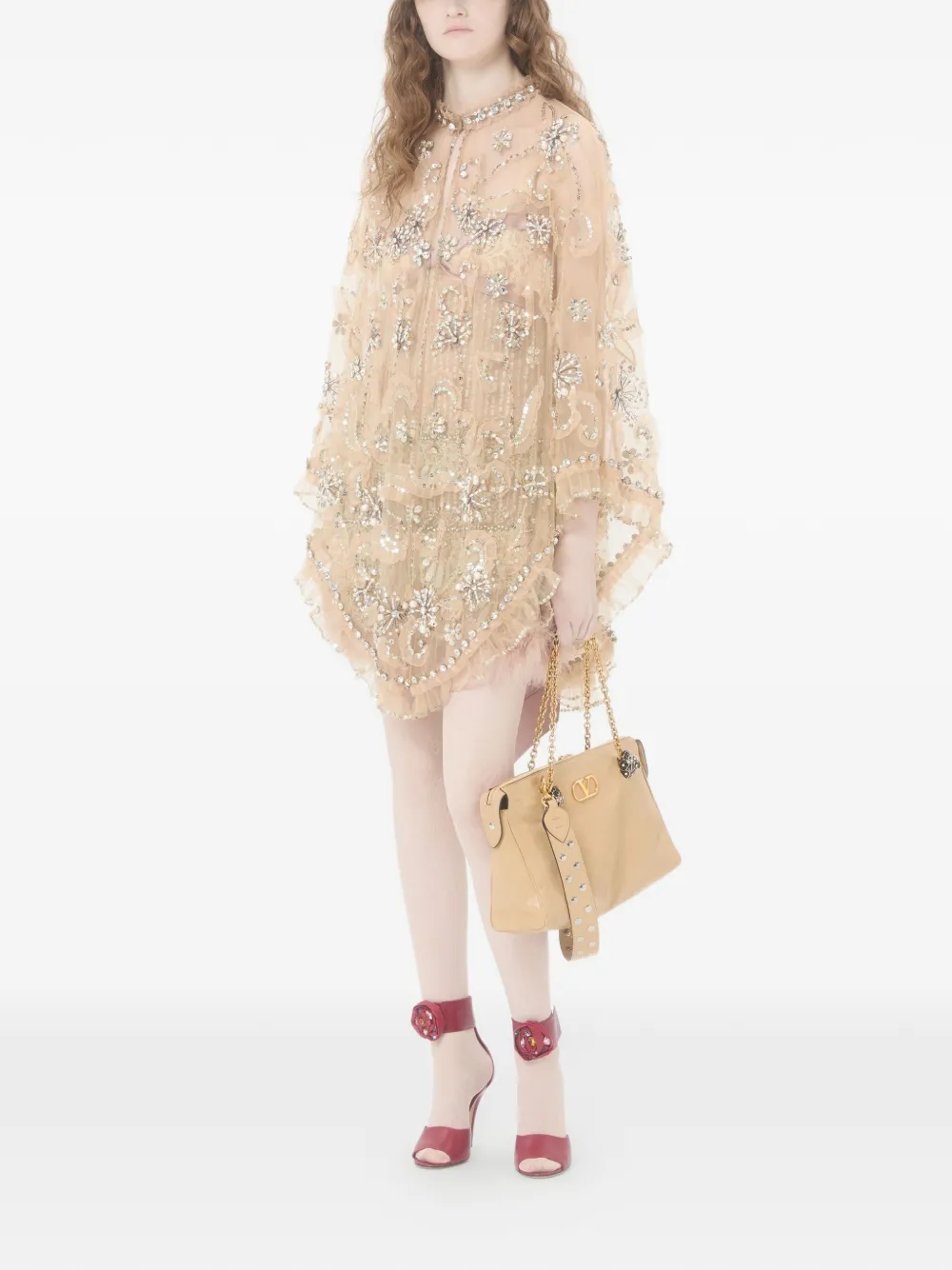 Valentino Garavani Panthea Shoulder Bag In Nappa Leather With Chevron Pattern - Beige