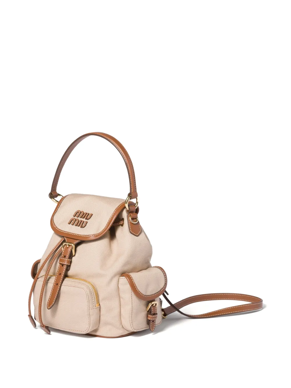  Miu Miu Flap Leather Canvas Backpack - Neutrals 