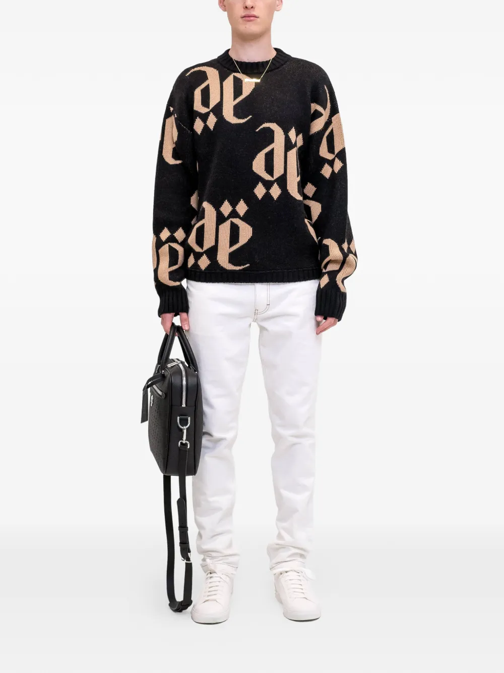 PLACE OF &Euml;LMS Trui met ronde hals en monolink jacquard - Zwart