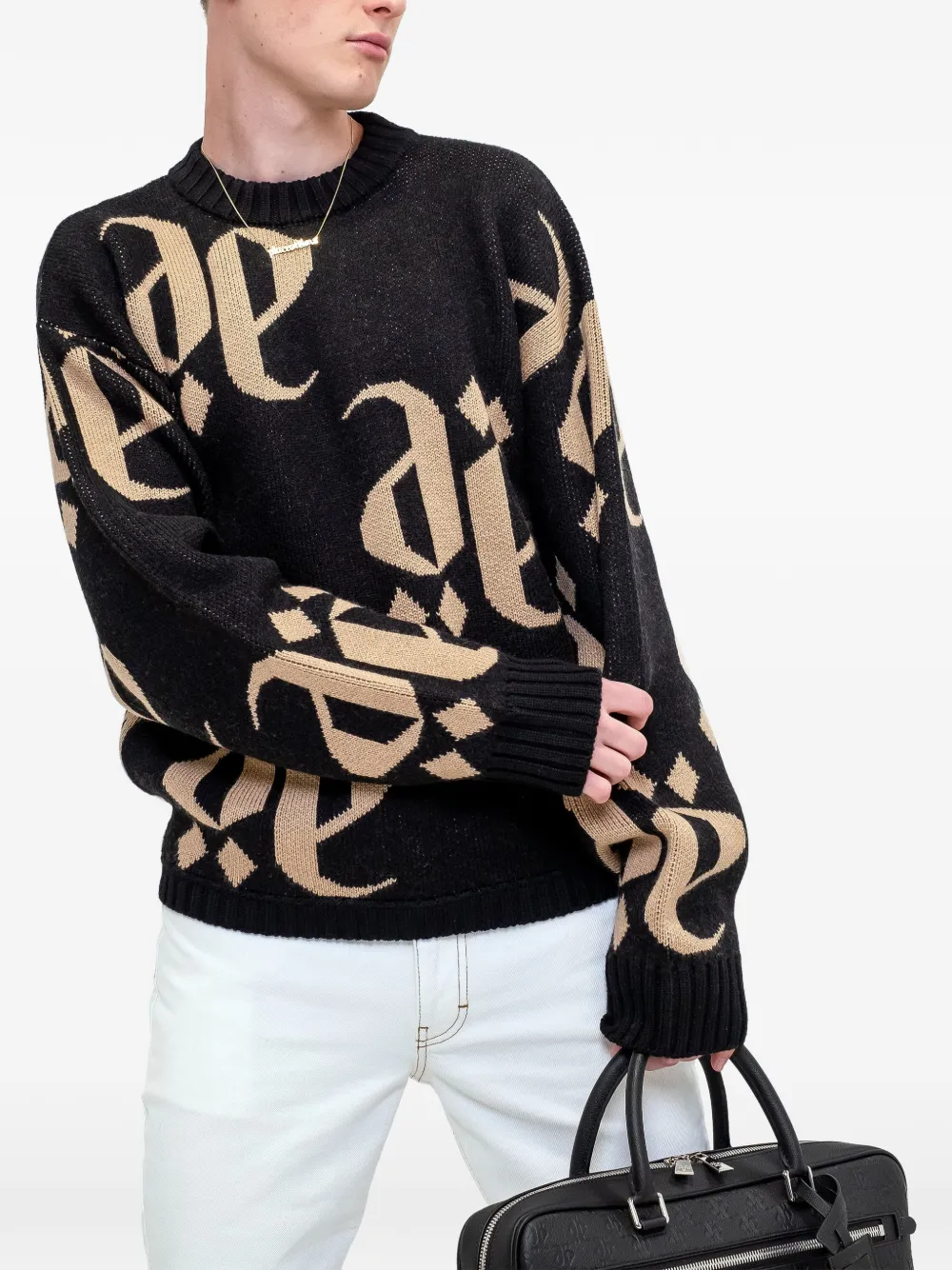 PLACE OF ËLMS Trui met ronde hals en monolink jacquard Zwart