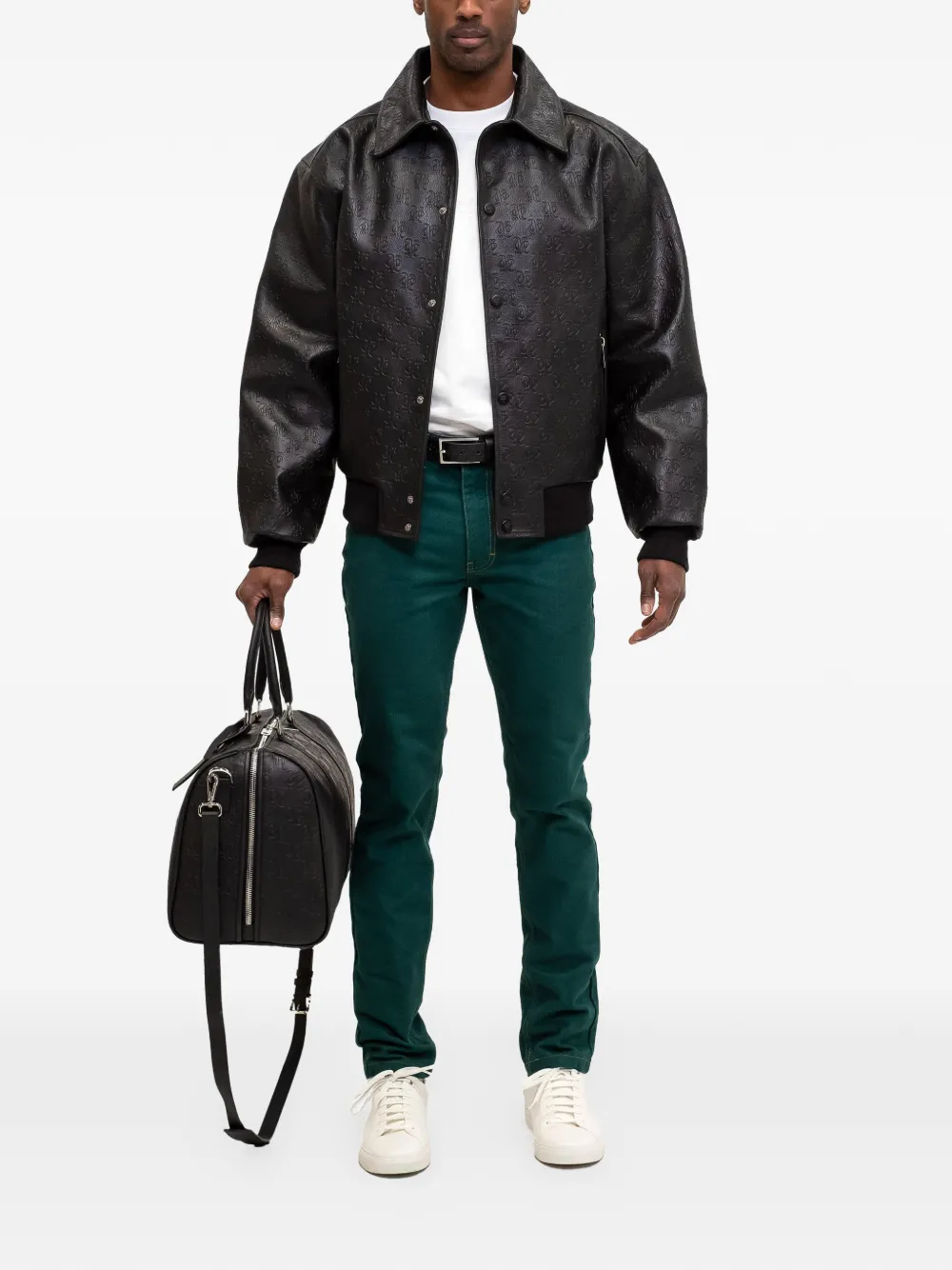  Place Of ëlms Debossed Leather Bomber Jacket - Black 
