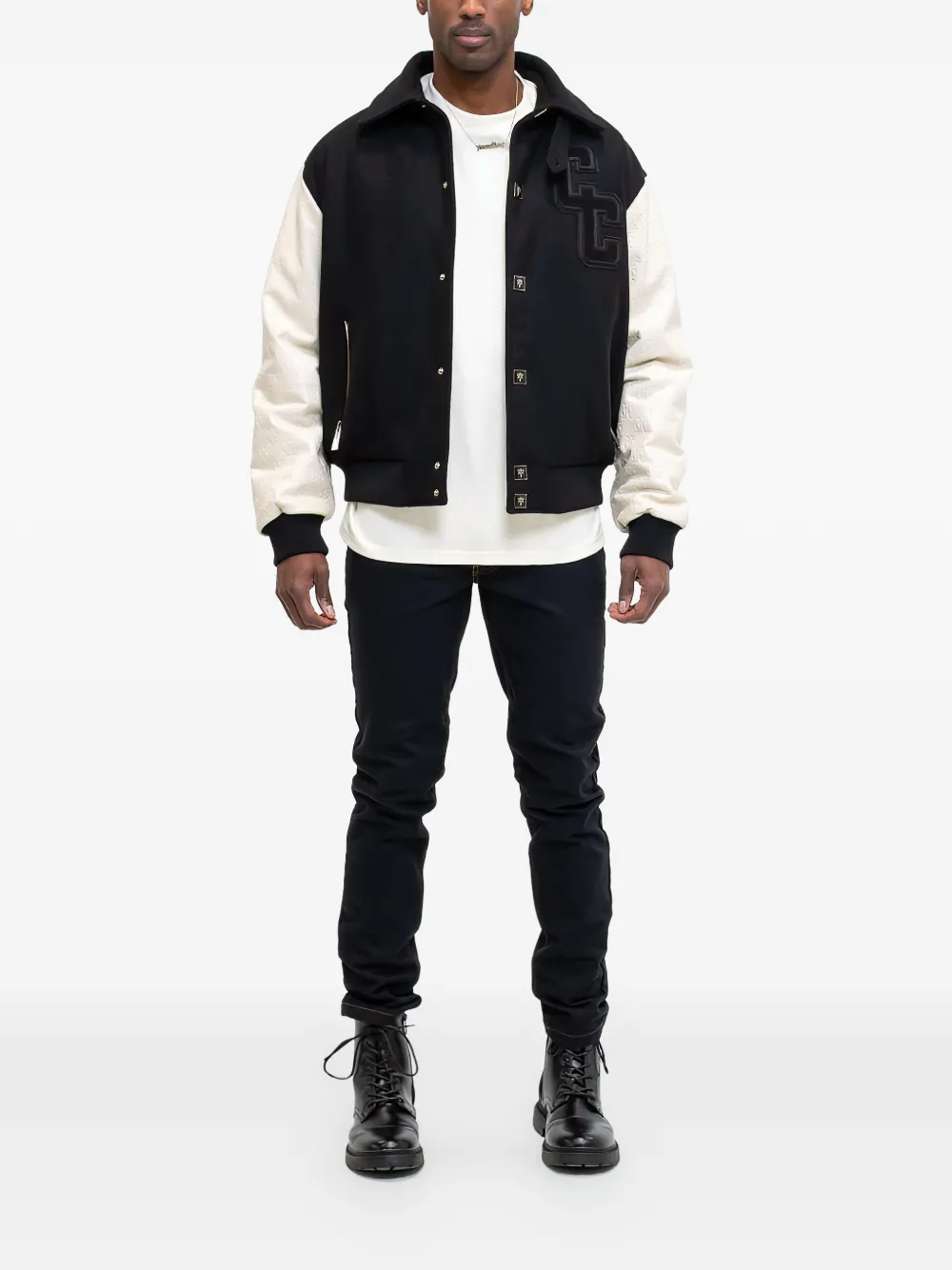  Place Of ëlms Debossed Embroidered Varsity Jacket - Black 