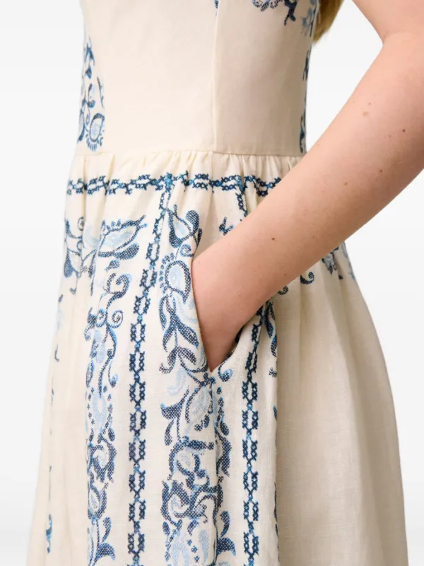 printed linen dress designs Women's Abstract Print Linen Midi Dress | Small