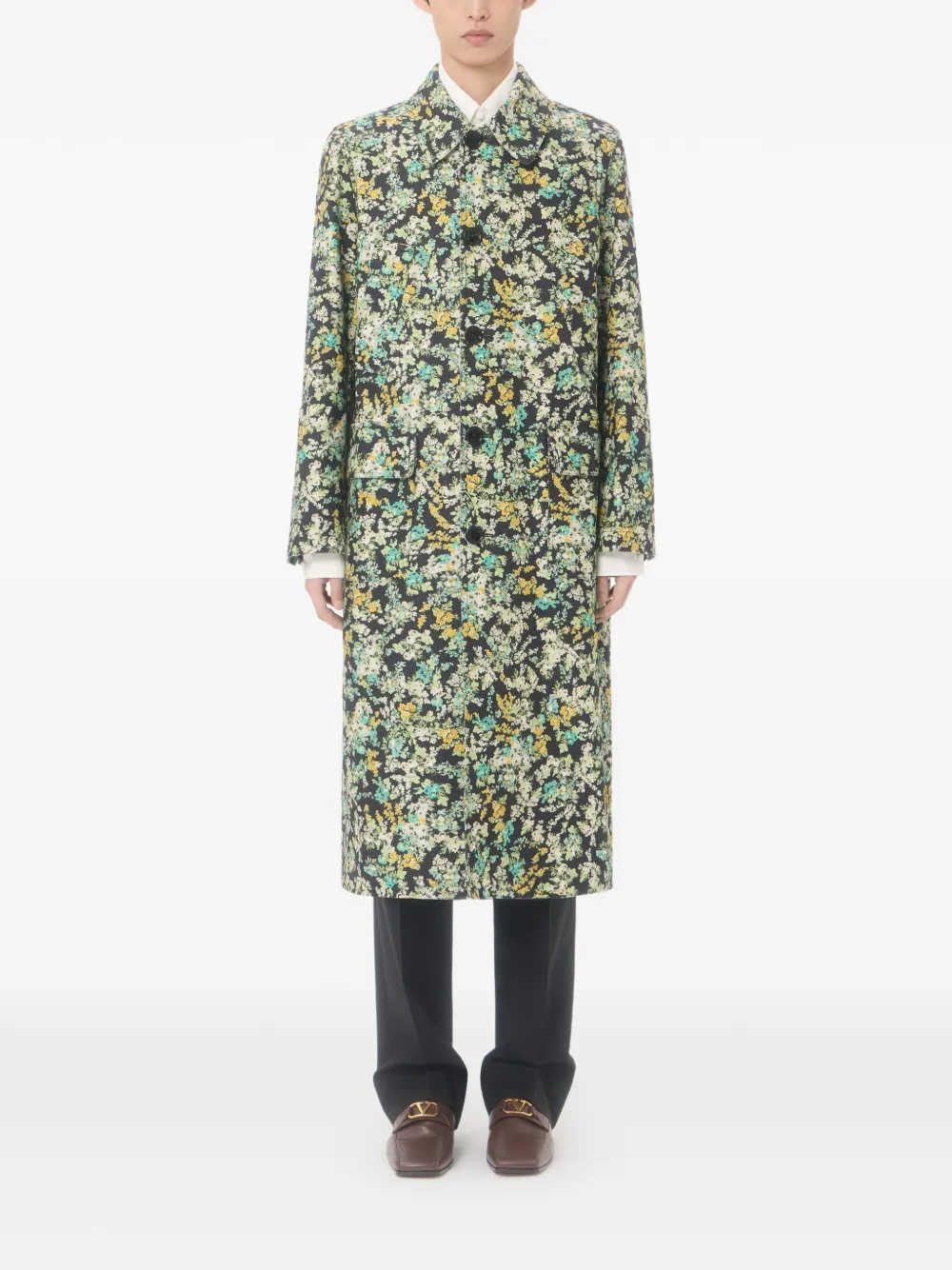Valentino Garavani Katoenen jas met enkele rij knopen Papier Flower-print Zwart