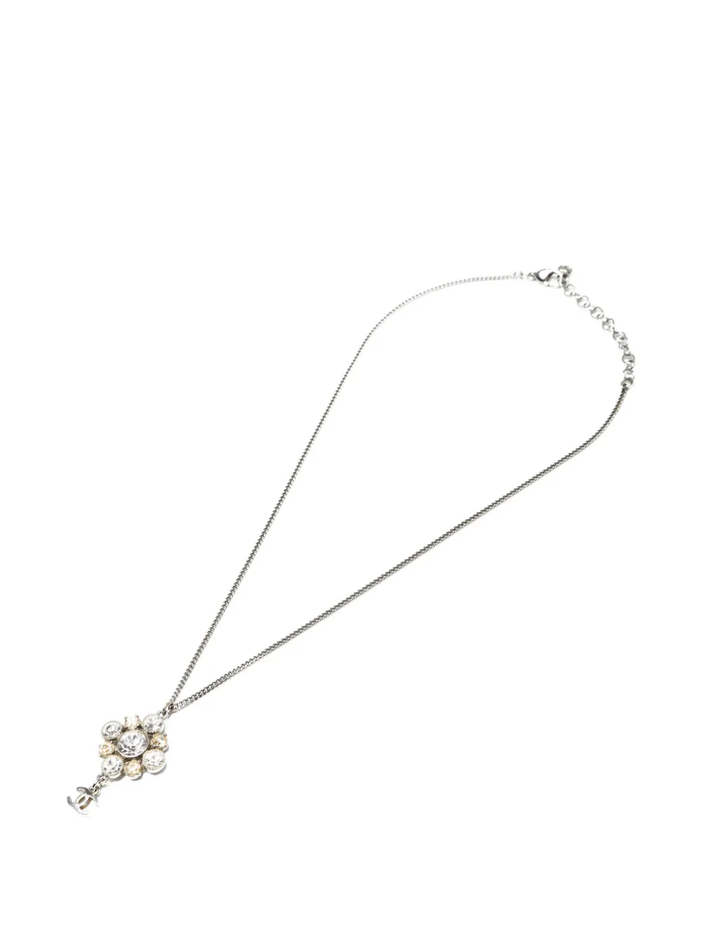 Pre-owned Chanel 2009 Cc Mark Rhinestone Necklace In Silver