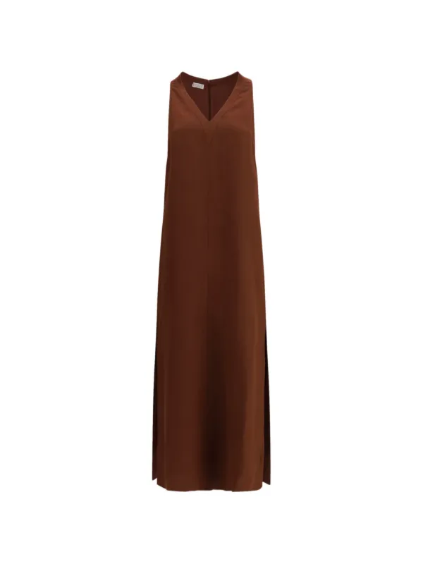 Brunello Cucinelli Linen Fluid Twill Dress with Monili in Brown