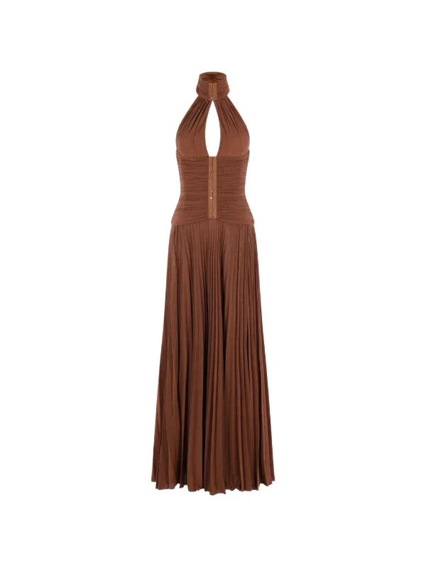 Elisabetta Franchi Pleated Halterneck Maxi Dress | Brown | FARFETCH OM
