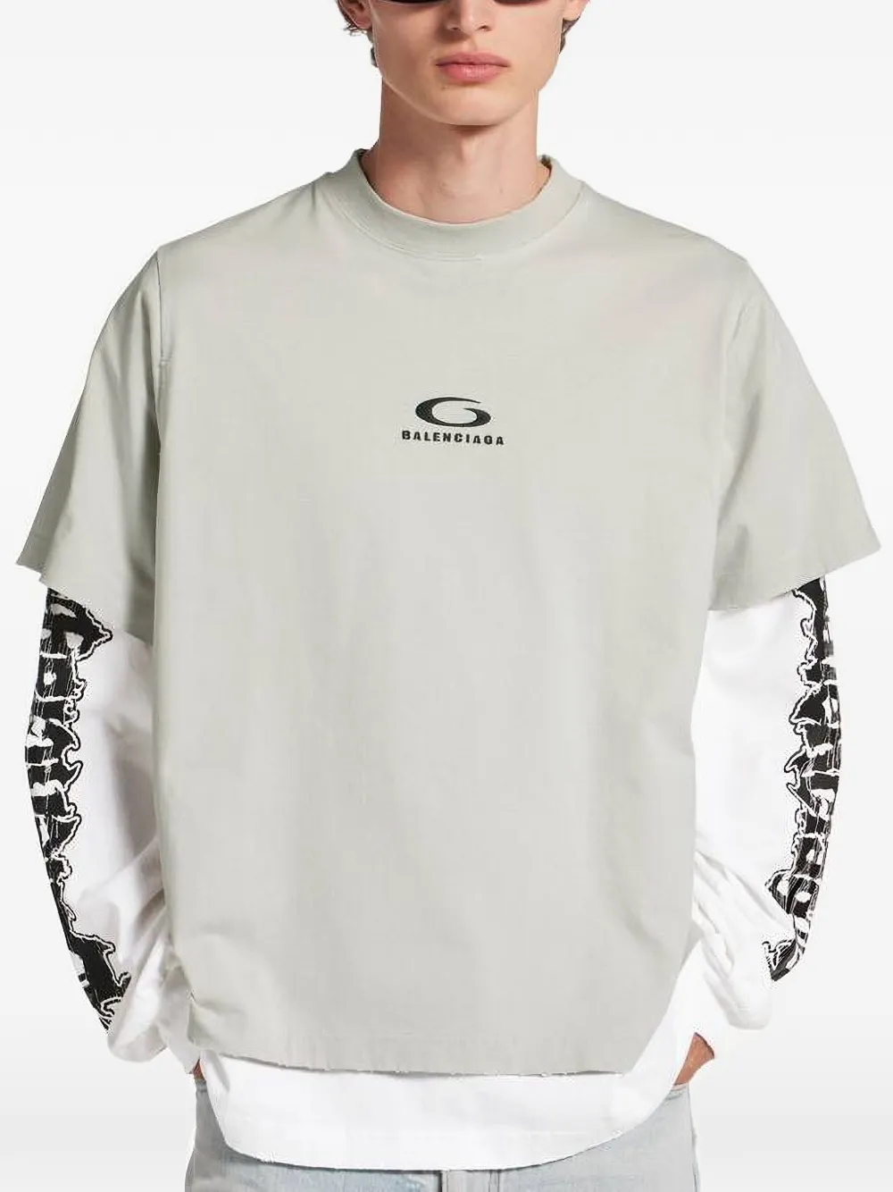 Balenciaga T-shirt met geborduurd logo en gelaagde mouwen Grijs