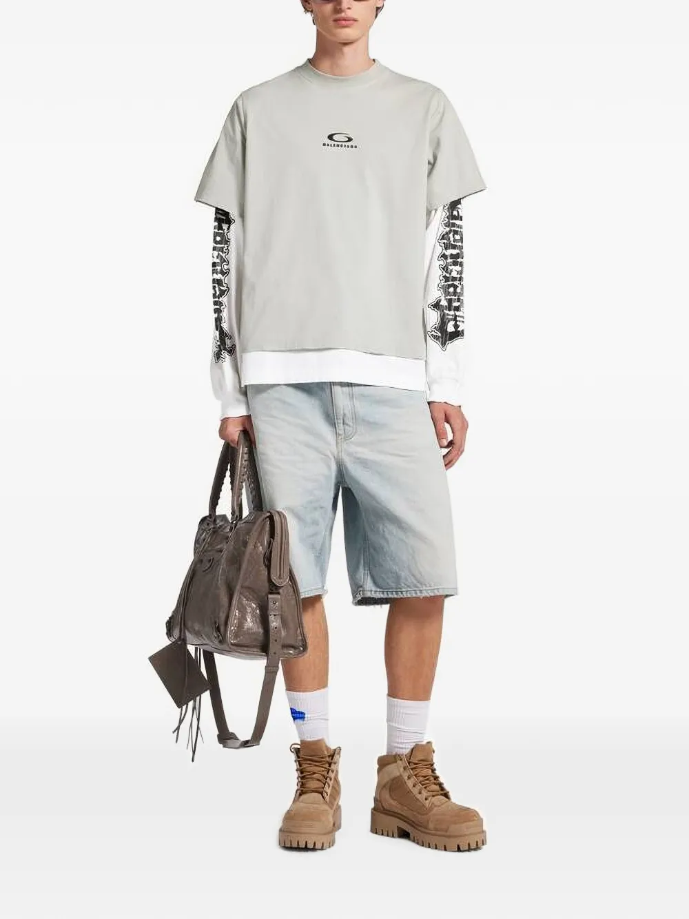 Balenciaga T-shirt met geborduurd logo en gelaagde mouwen Grijs
