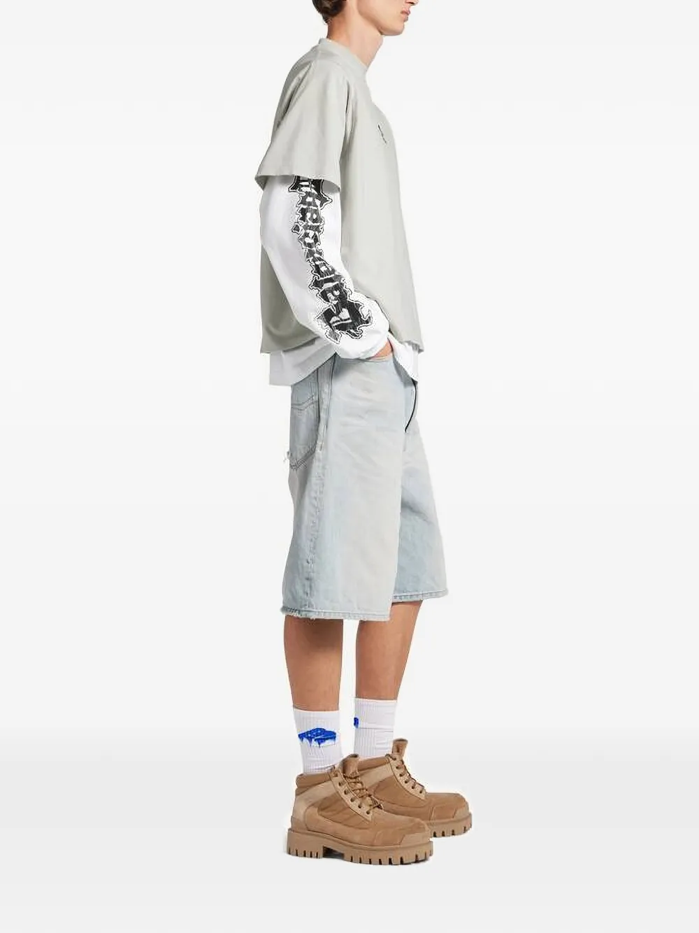 Balenciaga T-shirt met geborduurd logo en gelaagde mouwen Grijs