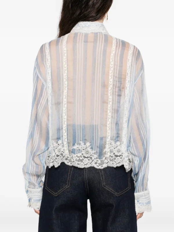 訳あり Ermanno Scervino ストライプ レース ブラウス 青×白 Ermanno Scervino レース ストライプ ブラウス | ブルー | FARFETCH JP