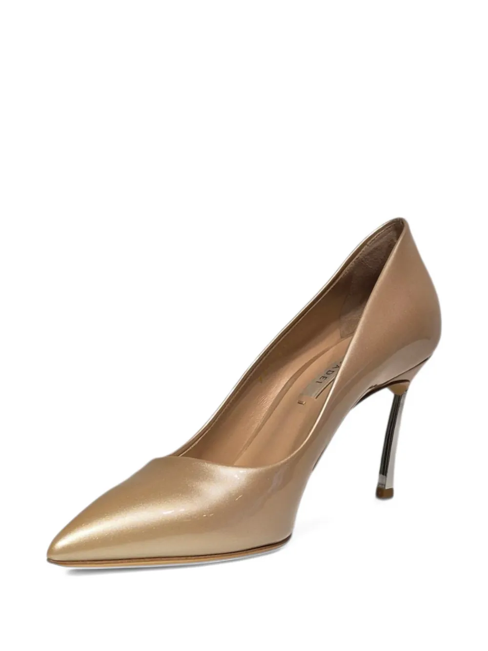 Casadei Pumps met bewerkte hak en puntige neus Goud