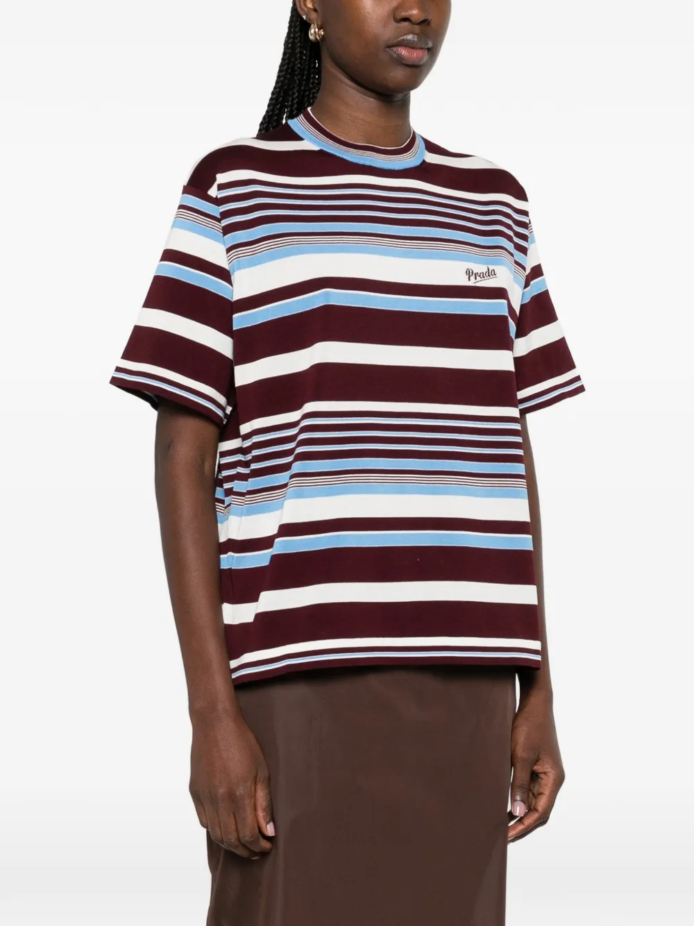 Prada Amaranth And Light Blue Striped Cotton T-shirt In Multi