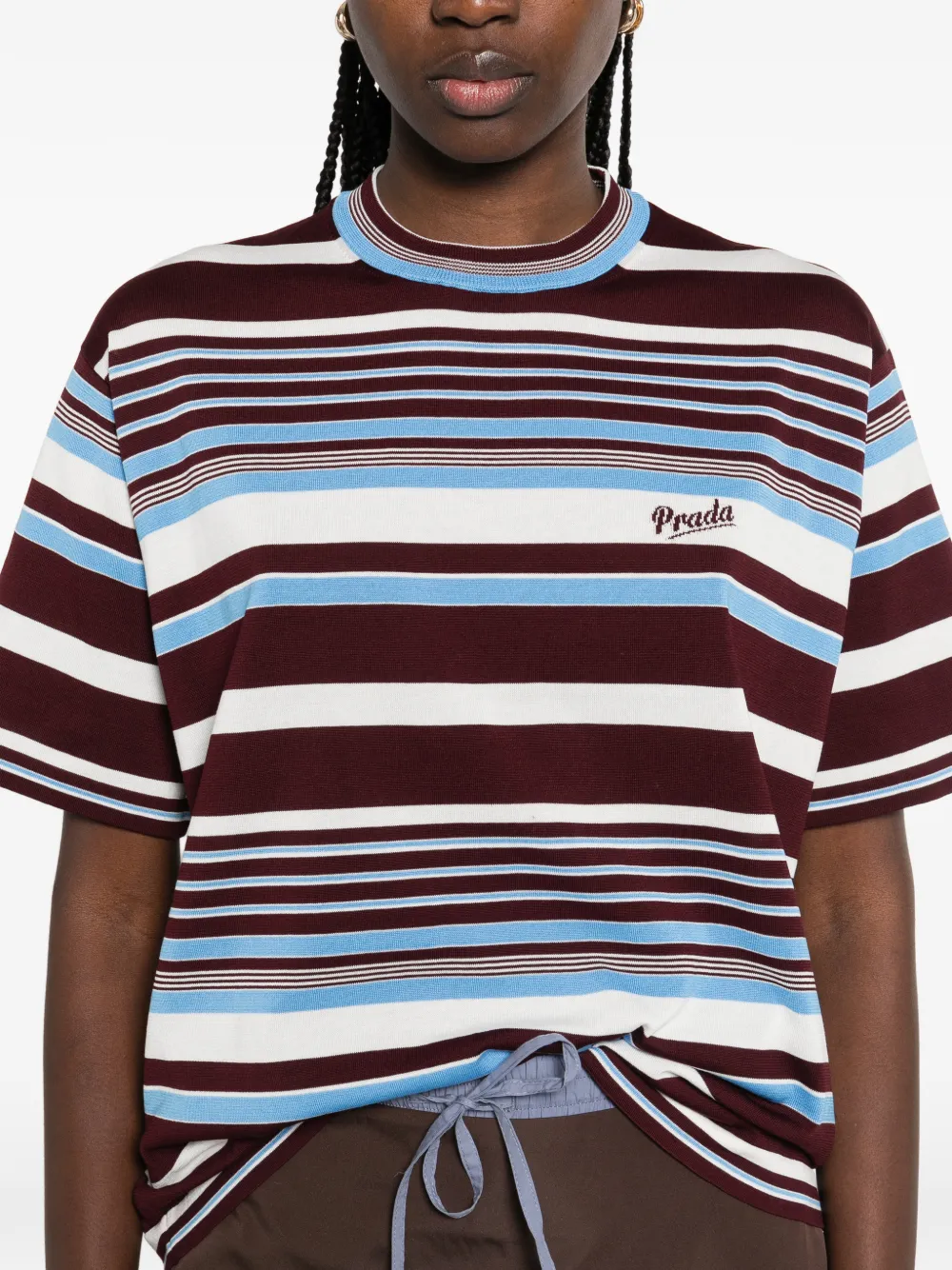 Prada Amaranth And Light Blue Striped Cotton T-shirt In Multi