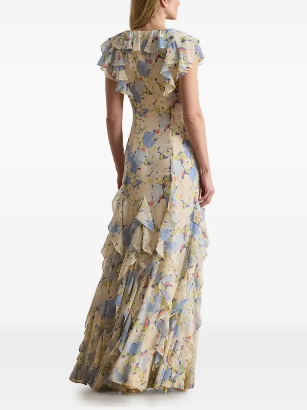 ralph lauren silk ruffle dress Ralph Lauren Women's Python-Print Ruffle-Trim Georgette Gown in Tan Multi