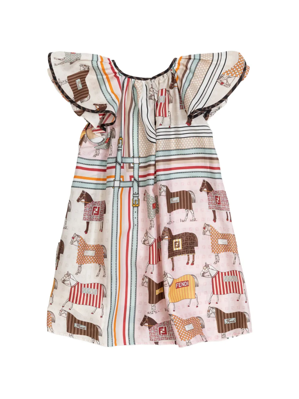 Fendi Kids Jurk met paardenprint en ruches Beige