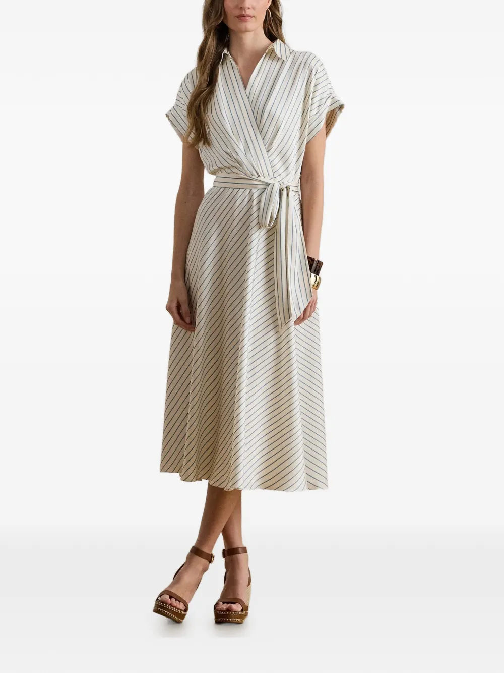 Lauren Ralph Lauren Gestreepte wikkeljurk Beige