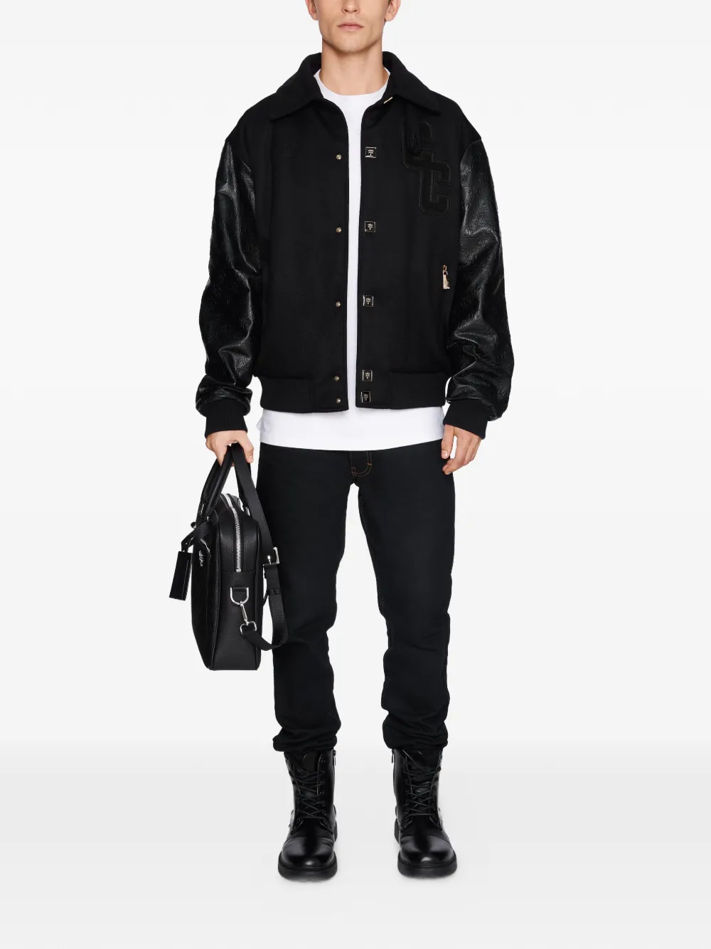  Place Of ëlms Embossed-sleeve Embroidered Jacket - Black 