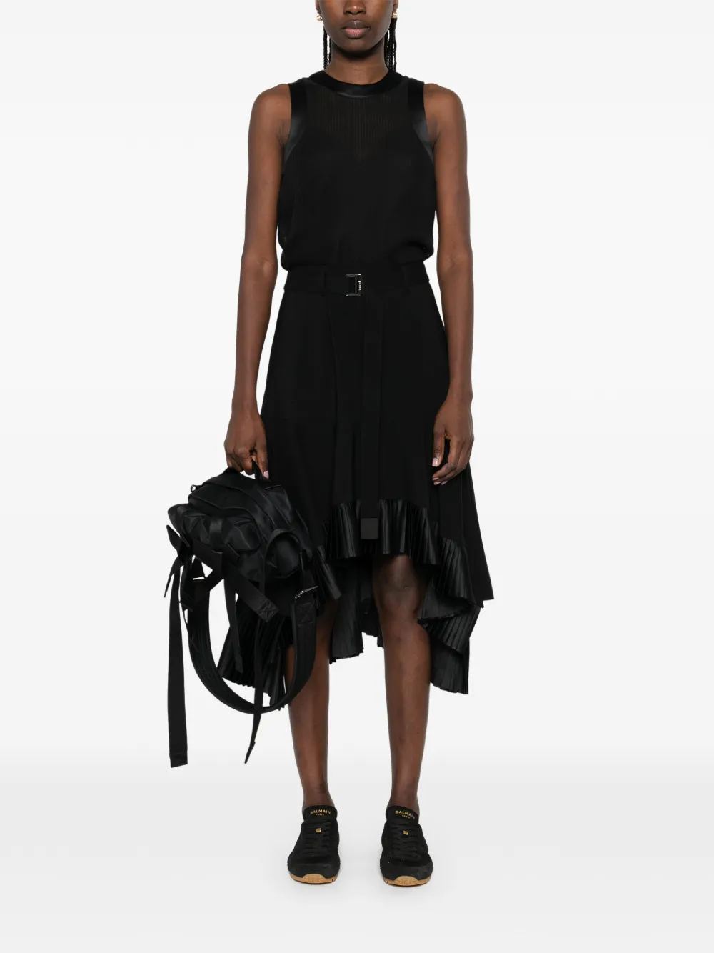 Sacai プリーツベルテッド ミディドレス | ブラック | FARFETCH JP