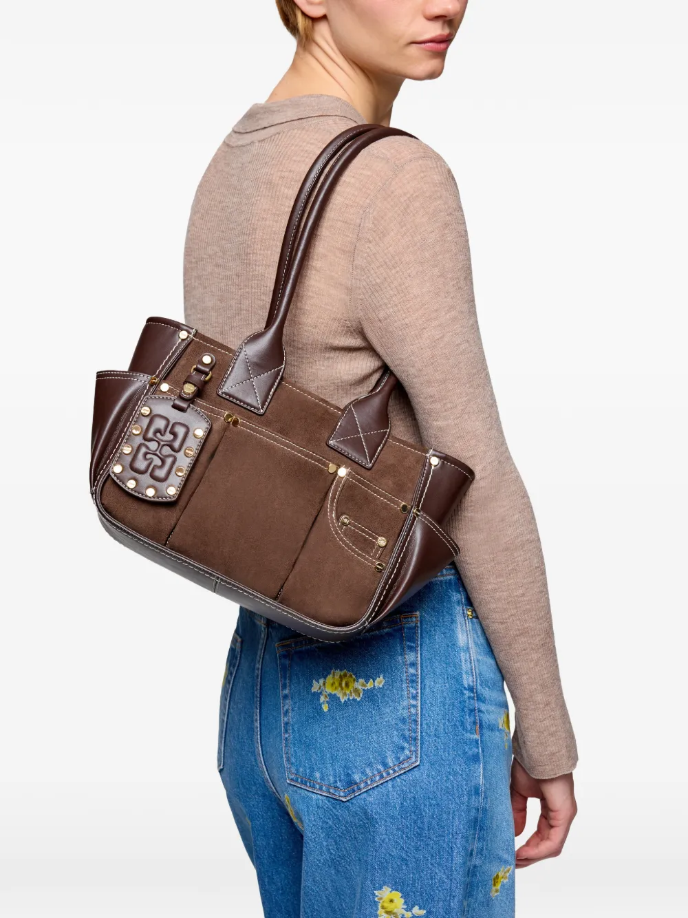  Ganni Stud Embellished Shoulder Bag - Brown 
