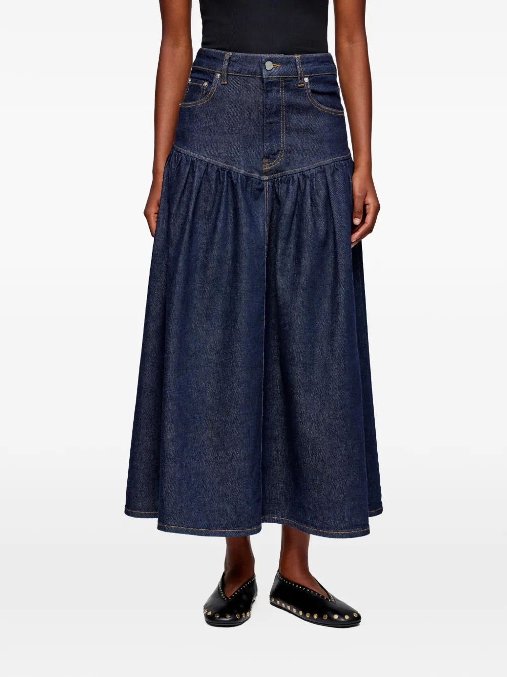 Gathered Denim Midi Skirt