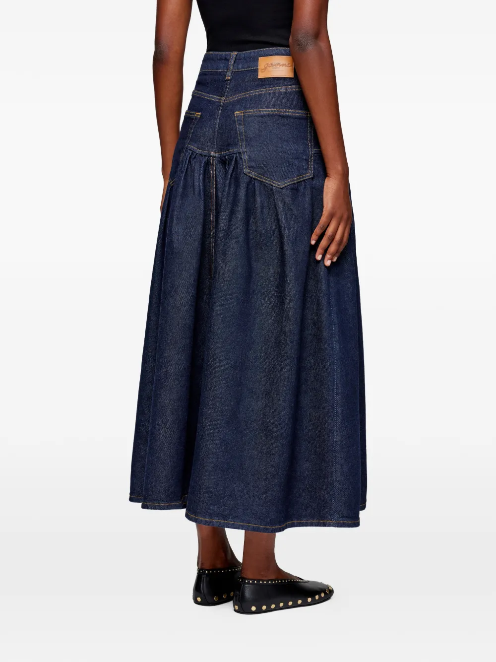 Gathered Denim Midi Skirt