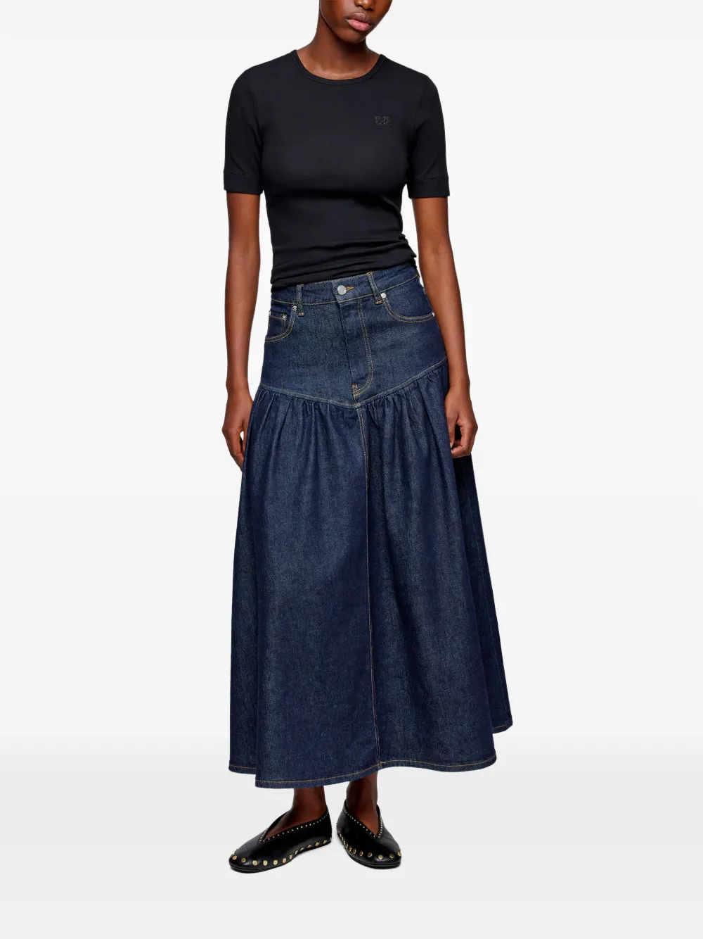 Gathered Denim Midi Skirt