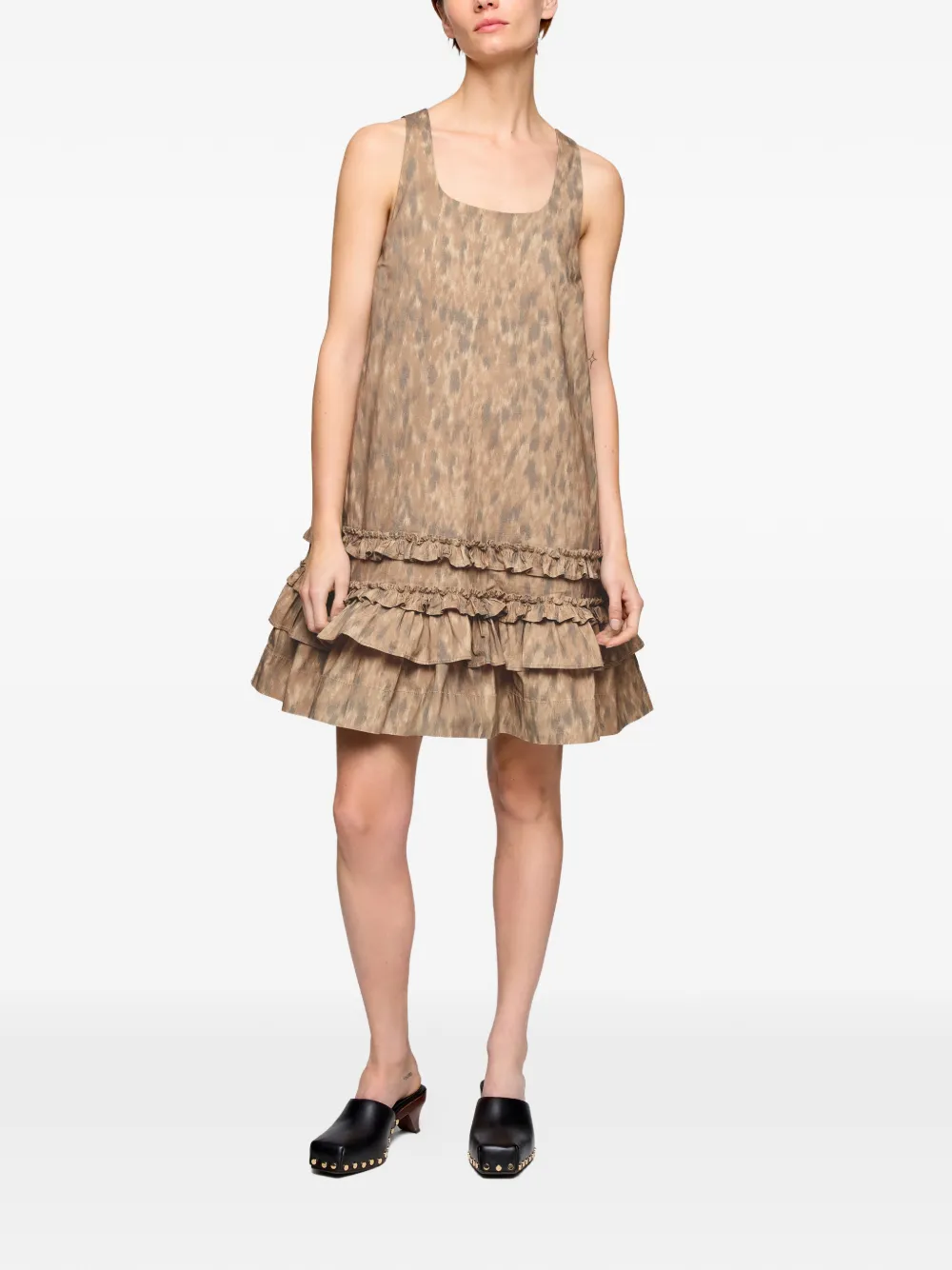  Ganni Ruffled Printed Mini Dress - Neutrals 