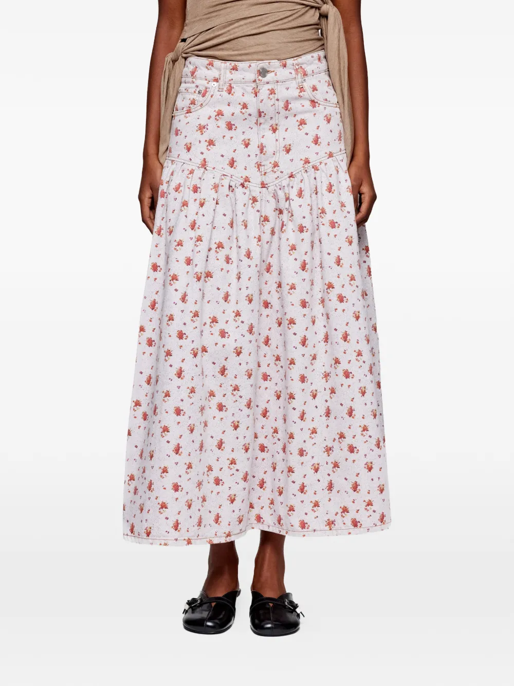 GANNI Denim rok met print Beige