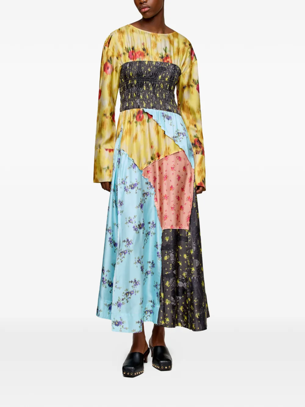  Ganni Shirred Patchwork Floral Maxi Dress - Yellow 