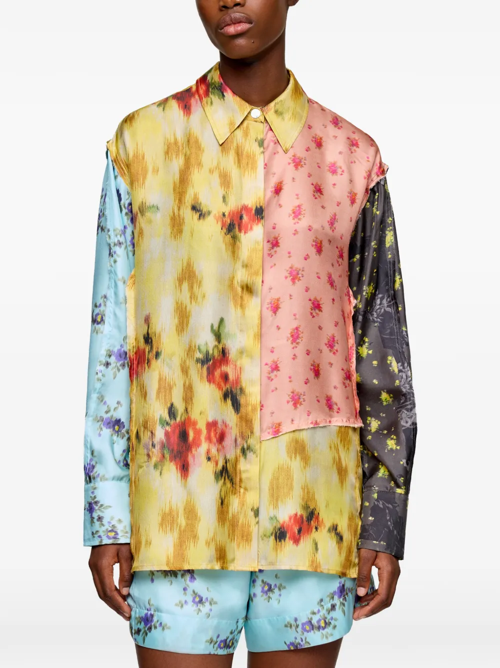 GANNI Twill zijden blouse met bloemenprint Geel