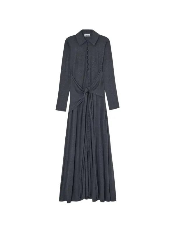 ganni dress grey Ganni Jersey Long Sleeve Maxi Dress With Knotted Detail