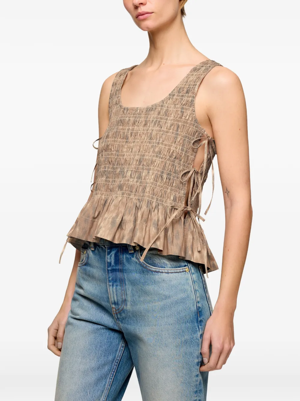  Ganni Shirred Tie Blouse - Neutrals 