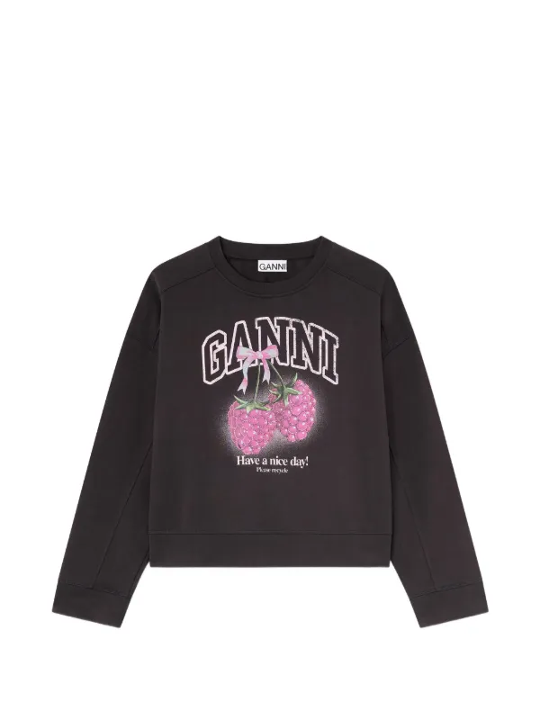 Ganni Crewneck Sweatshirt with Raspberries in Black