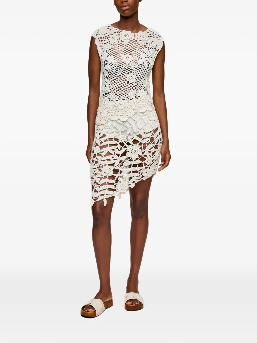 GANNI Asymmetrische gehaakte rok met bloemenprint Beige